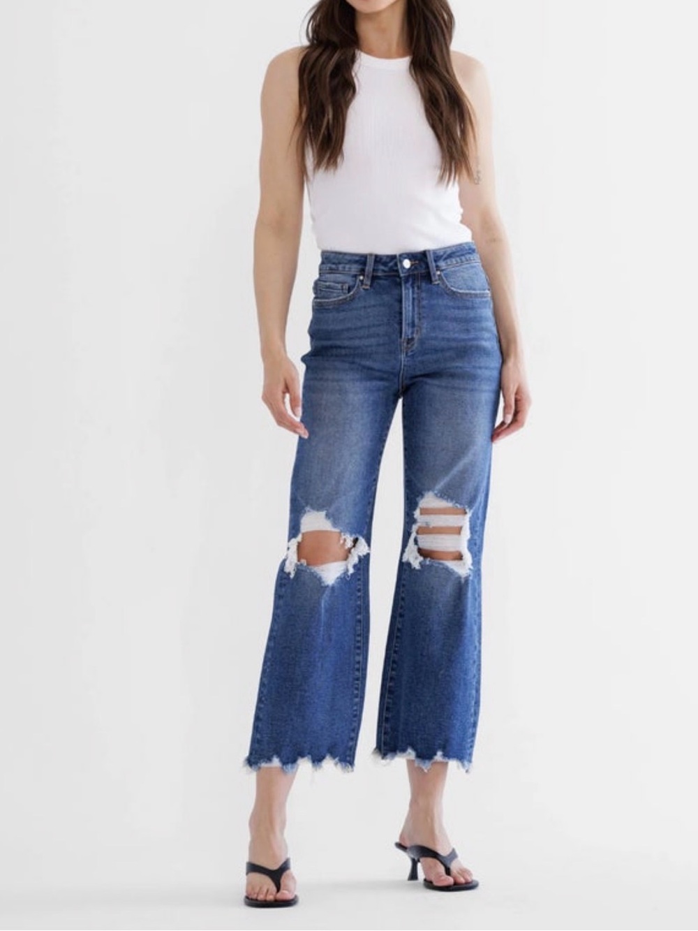 High-Rise Distressed Wide-Leg Jeans in Medium Blue